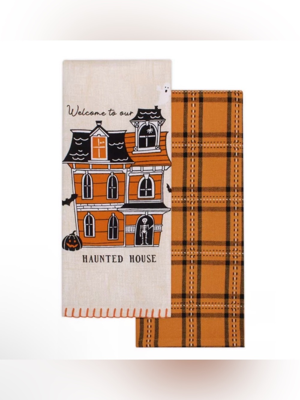 Haunted House Orange Halloween Kitchen Towels - Set of 2